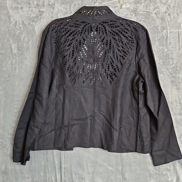Jennifer Eden sz 14 Cutout Jacket linen rayon cardigan long sleeve Black - Picture 8 of 10